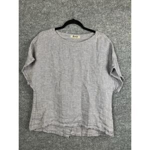 FLAX 100% Linen Top Size Medium Gray Short Sleeve Lagen look Split Back Oversize